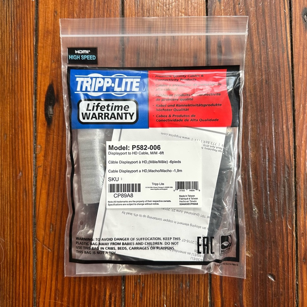 NEW Tripp Lite Displayport to HD Cable, M/M 6’
